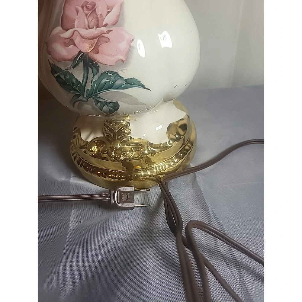 Vintage 23 Inch Ceramic‎ Table Lamp Pink Rose Floral Gold Gilt Urn Style